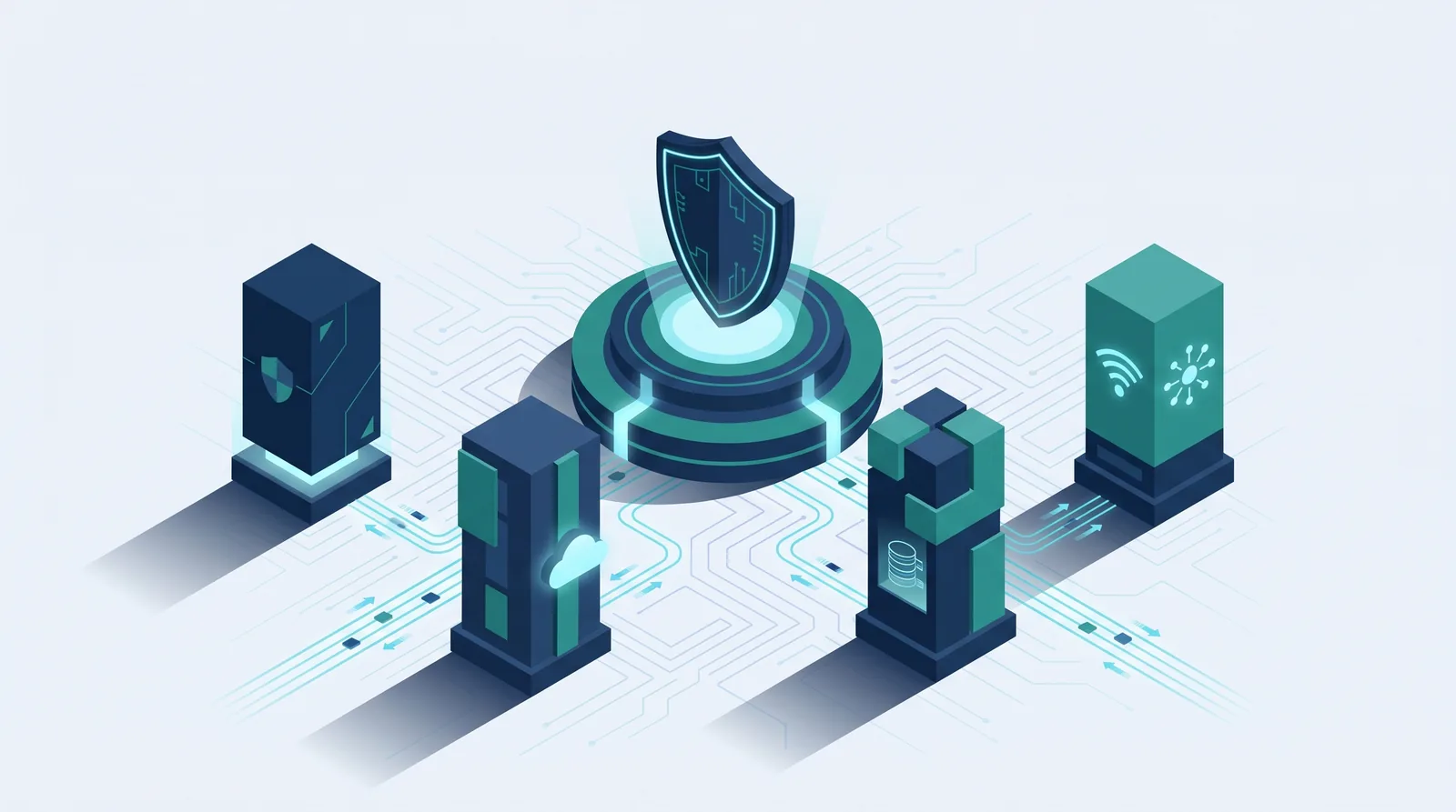 Isometric illustration of four enterprise AI platforms arranged around a central governance hub, representing the platform selection and governance decision.